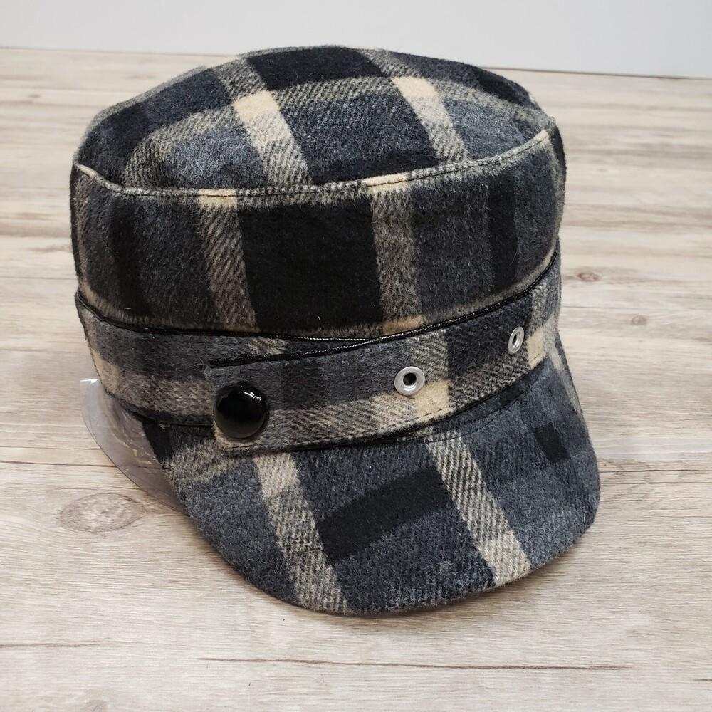 Cadet Army Hat Cap Womens Plaid OS Black Quilted Lined